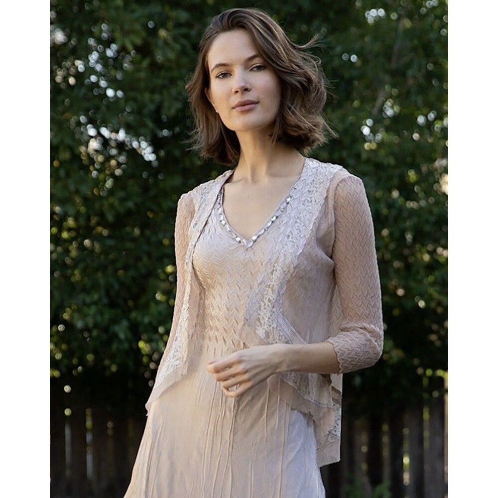 Komarov Waterfall Open Cardigan (Sz M) Beige Lightweight Textured Chiffon & Lace
